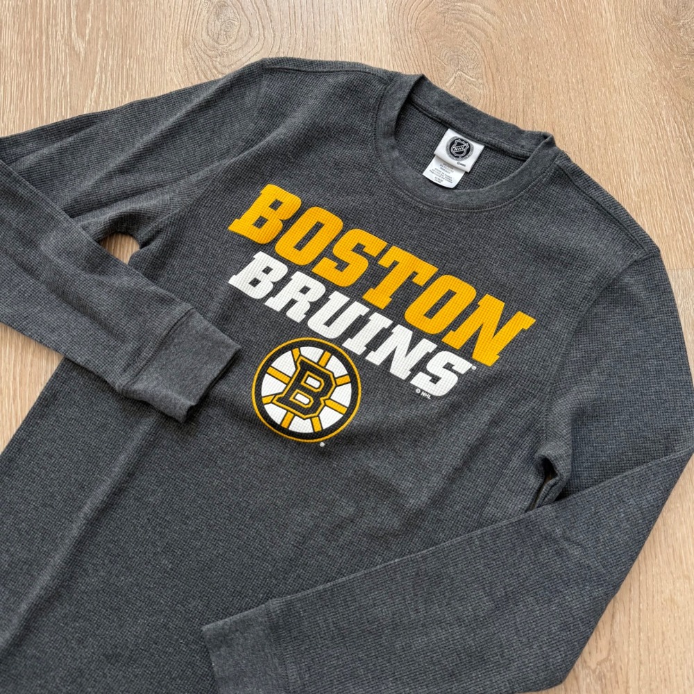NHL Boston Bruins Waffle Knit Thermal Shirt‎ Mens M Charcoal Grey Long Sleeve